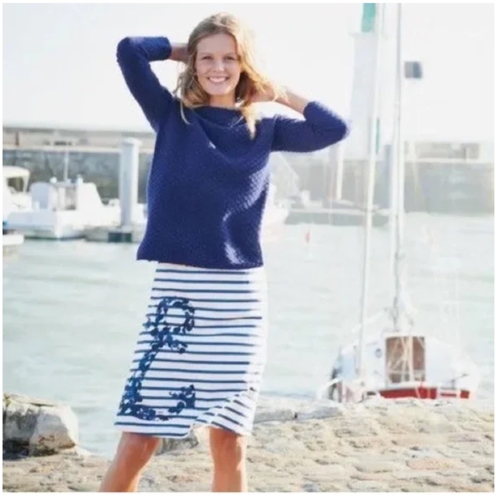 BODEN Nautical Anchor Blue and Off White Striped A-Line Midi Skirt 10R